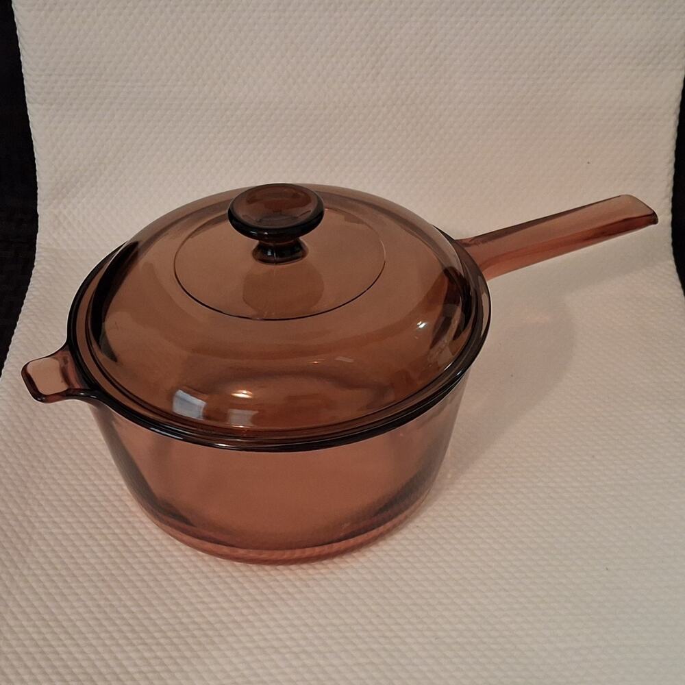 Corning Vision Ware 2.5L Amber Glass Pot Sauce Pan & Lid USA VERY CLEAN